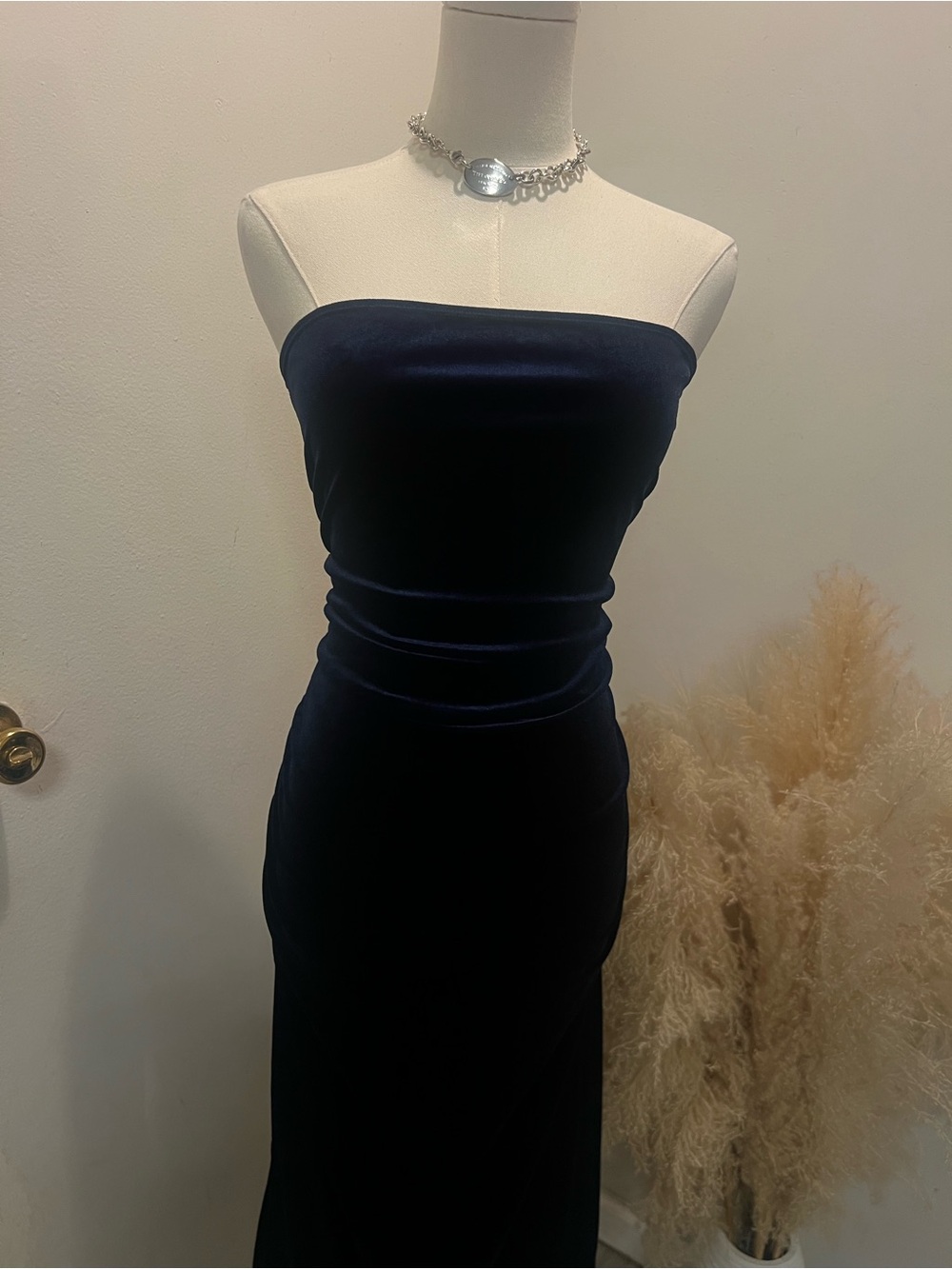 SHEIN Strapless Dark Navy Velvet Maxi Dress